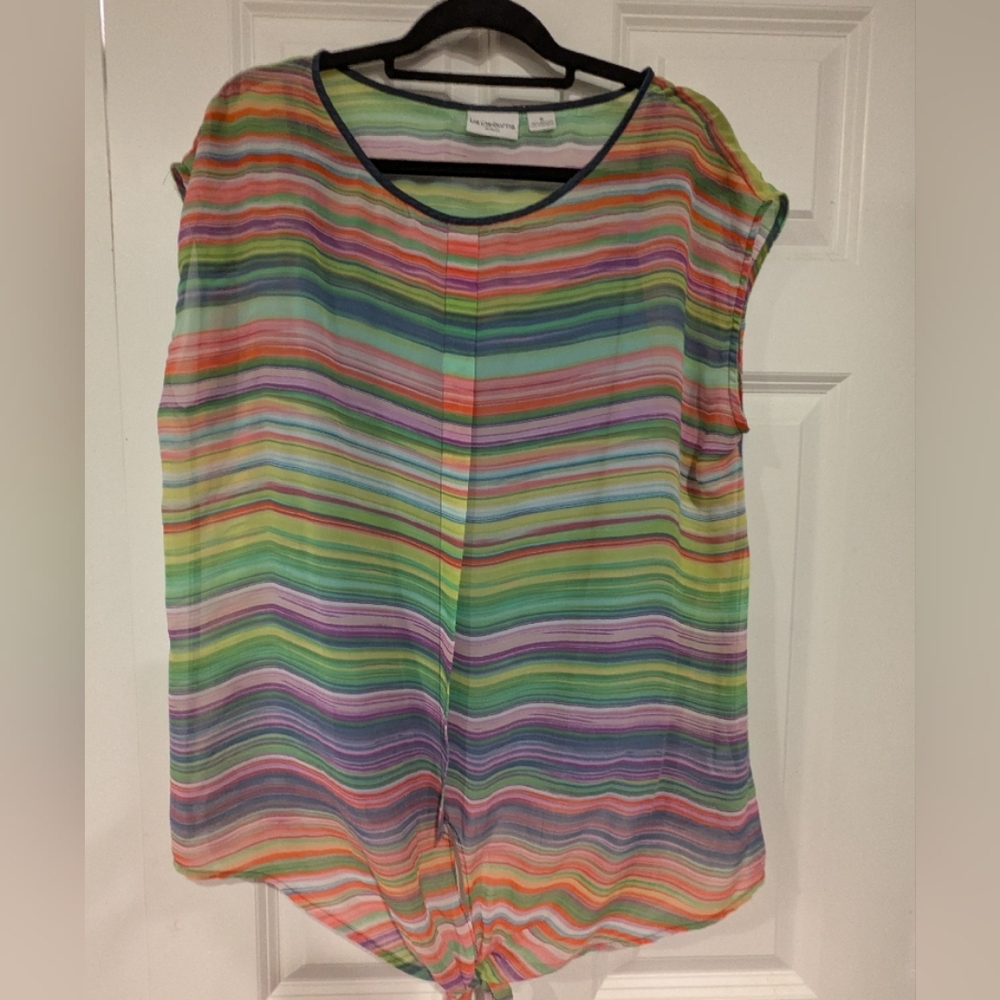 Liz Claiborne Pink and Blue Striped Cap Sleeve Blouse #143